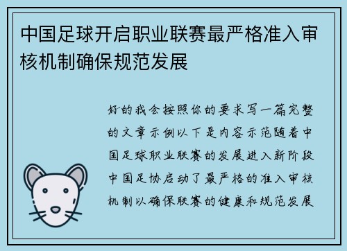 中国足球开启职业联赛最严格准入审核机制确保规范发展 中国足球开启职业联赛最严格准入审核机制确保规范发展
